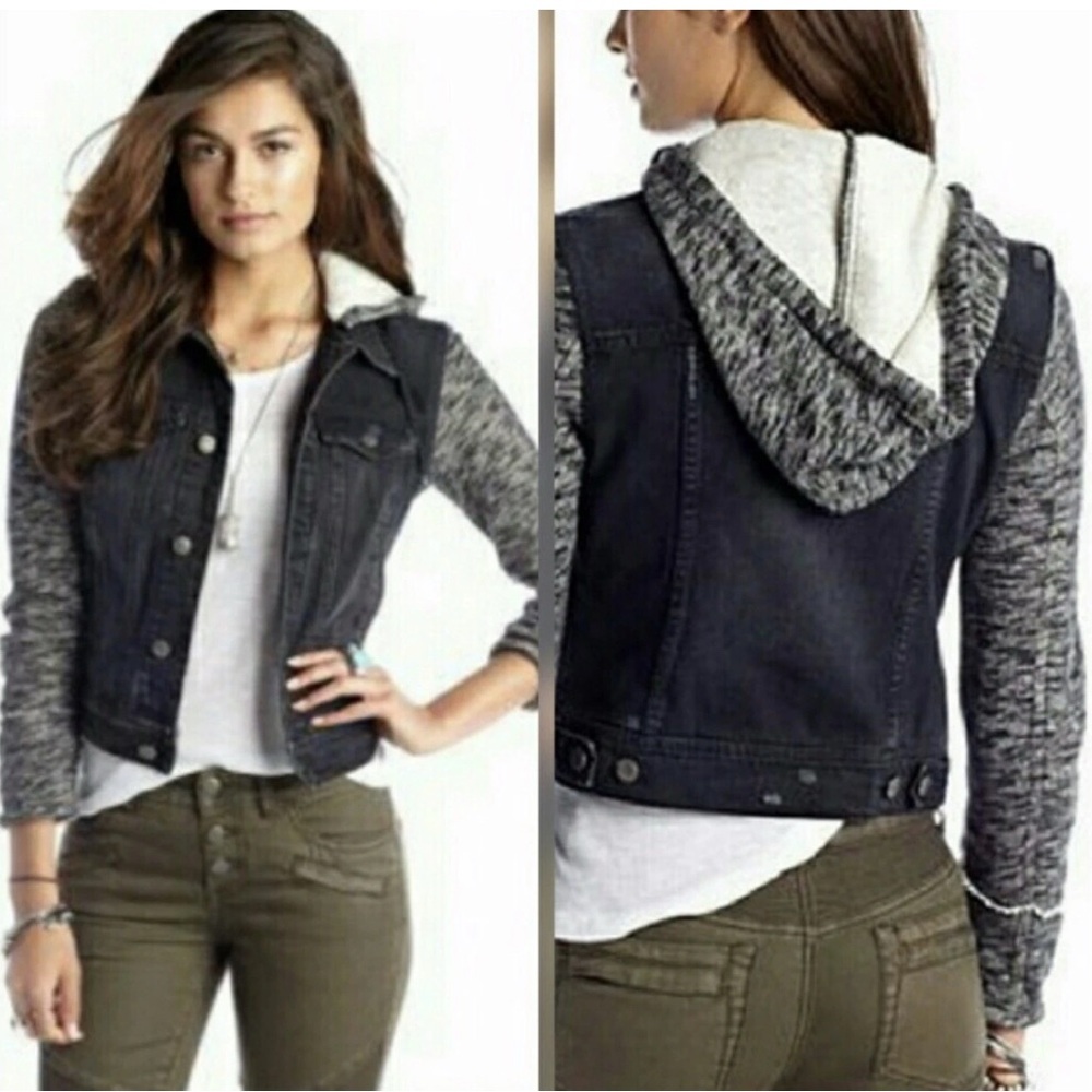 Free People Denim Jacket with Black and Gray Accents & Removable Hood. L - Picture 1 of 16